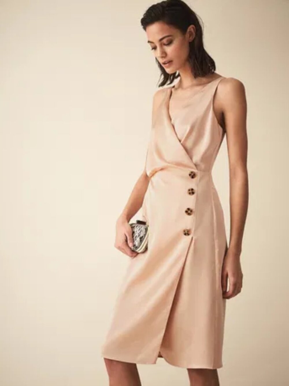 REISS Peppa Satin Button-Detail Wrap Dress Beige Size US 6 / UK 10
